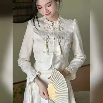 2023 čínsky retro štýl ženy nastaviť vintage žakárové národnej štýl biely elegantný dlhý rukáv cheongsam top sukne dvoch-dielny oblek