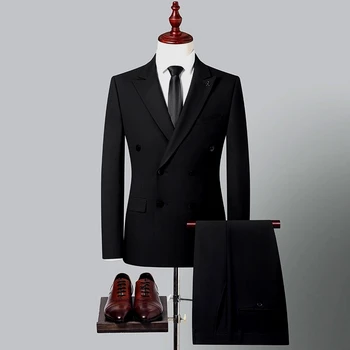 2023New black double-breasted (Sako+ nohavice) obchodné módne, elegantné a pohodlné svadobné najlepší muž šaty dva-dielna sada