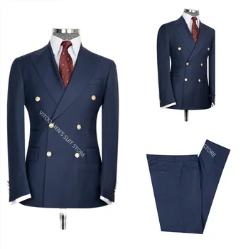 Dark Navy Blue Muži Obleky Classic Slim Fit 2 Ks/Double-Breasted Svadobné Business Formálne Oblečenie pre Mužov Muž Set/Sako+Nohavice