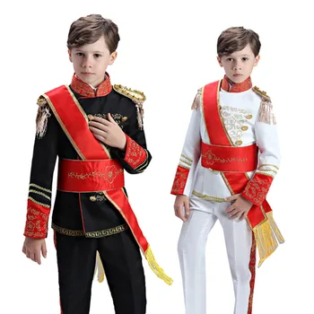 Deti Európe Kráľovské Stráže, Vojenskej Kostým čierna biela bunda +nohavice+stuha deti Narodeninovej párty Princa Vojakov Jednotné Chlapcov