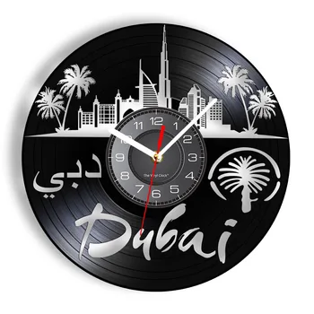 Dubaj Orientačný bod Moderné Nástenné Hodiny Isle of Palms Burj Al Arab Hotel Krajiny Vinyl LP Nahrávanie Stene Hodinky, Čierne, Visí Dekor