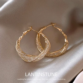 Elegantné Oka Krištáľové Náušnice Vydlabaných Hoop Náušnice Pre Ženy Osobnosti Nadsázka Zlatá Farba Twist Kruhu Šperky N613