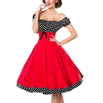 Elegantný Retro 50. rokov 60. rokoch Hepburn Šaty Žien Retro Rockabilly Polka Dot Dress Black Red Mimo Rameno bez Rukávov Šaty Žena