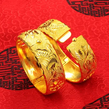 HOYON Zlato 24K Povlak Svadobné Prívesky pre Ženy, Nevesty Dubaj Šperky Otvoriť Pracky Dragon Phoenix Náramok z Imitácie Čistého Zlata
