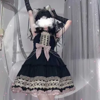 Japonský Gothic Lolita Šaty Dievčatá Ročník Tmavé Volánikmi Luk Lolita Jsk Šaty Žien Harajuku V Pohode Bez Rukávov Punk Podväzkové Šaty
