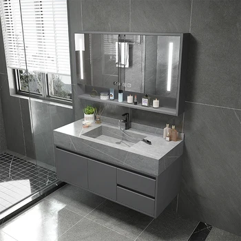 Jednoduché Kúpeľňa Korpusová Zmes Smart Svetlo Luxusná Kúpeľňa Tabuľka Kamenné Dosky Celý Washbin Umývanie Rúk Umývadlo Kabinet