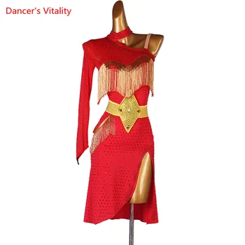 Latinské Tanečné Šaty Plné Diamond Sukne Oka Dlhý Rukáv Výkon Oblečenie High-End Vlastné Dospelých Dieťa Súťaž Oblečenie