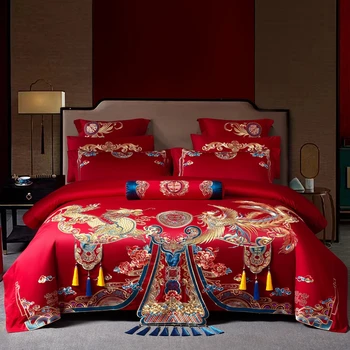 Luxusné Red Čínske Svadobné Loong Phoenix Výšivky Bavlnená Posteľná Bielizeň Nastaviť Perinu Posteľná Bielizeň List Obliečky Na Vankúše Bytového Textilu
