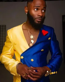 Modrá Farba Žltá Zodpovedajúce Satin tvaru Mužov, Svadobné Tuxedos Vyhovuje Ženícha na Mieru Strany Prom Kabát Business Nosiť Oblečenie, 2 Kusy