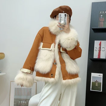Nové Zimné ženy patchwork reálne fox kožušiny Vetrovka streetwear kožené patchwork Hrubé Teplé Reálne Fox kožuchy DQ02