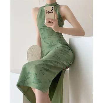 Nový Čínsky Štýl Šaty Zelené Tlač Cheongsam Sexy Bez Rukávov Qipao Backless Čipky Vestidos Nové Letné Šaty Dlhé Qipao