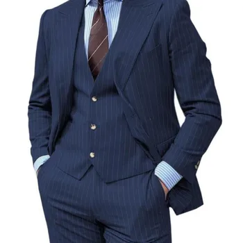 Námornícka Modrá Prúžok Kostým Homme Svadby Ženích Muži Obleky Slim Fit Odevy Pre Mužov Najlepší Muž Tuxedos Sako 3 Ks Bunda+Nohavice+Vesty