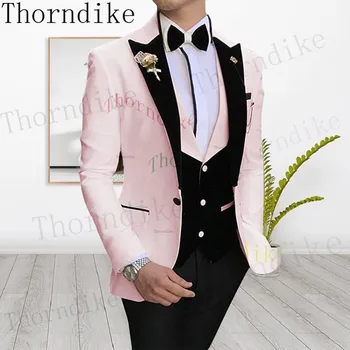 Thorndike Módne Svetlo Ružové Pánske Obleky Čierny Zamatový Golier Slim Fit Formálne Business Sako Svadby Ženích Smoking 3 Ks