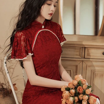 Vysoká Kvalita Čipiek, Bavlny Módne Cheongsam Šaty Letné Ženy Čínske Červené Odrazové Nové Novinka Qipao Orientálne Šaty Vestido 2022