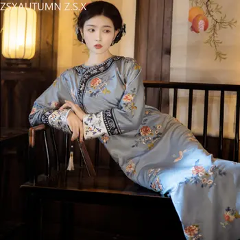 Čínske Šaty Qipao dámske Elegantné Vintage Classic Čína Tradičné Oblečenie Kvetov Vytlačené 2022 Jar Dlhý Rukáv Cheongsam