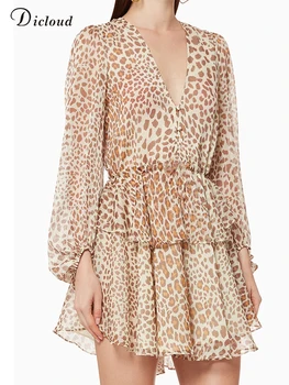 DICLOUD Sexy tvaru Leopard Tlač Šaty Pre Ženy 2023Traf Dlhý Rukáv Prehrabať Šifón Party Šaty Bežné Femme Župan Vestidos