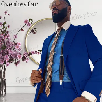 Gwenhwyfar 2022 Singel Svojim Modrá Muži Obleky Terno Slim Fit Fashion Party, Svadba Smoking Pre Mužov Formálne Ženícha, Obleky, Nohavice S