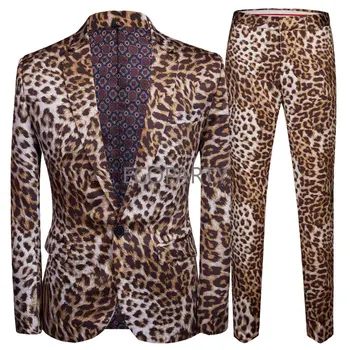 Jar Vysokej Kvality Leopard Tlač Svadobné kórejská Verzia Chudnutie Mužov Bežné mužské Šaty a Obleky Business Blejzre Dve Dielna Sada