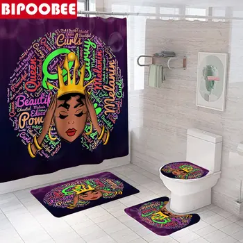 Melanín Umelecký Vedúci Africké Dievča, Kúpeľňa Opony 3D Sprchové Závesy Korunovaná Kráľovná Wc Kryt Non-Slip Koberec Vaňa Rohože Koberce