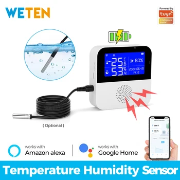 Tuya Smart Wifi Vody Teplota Vlhkosť Senzor, Vnútorné Vonkajšie mraznička Teplomer Vlhkomer Vonkajšia Sonda LCD Displej Budík