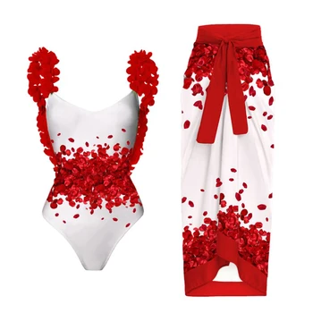 Červená Petal Tlač Plavky jednodielne Sexy plavky s uväzovaním za dámske Bikiny Módne Popruh Blúzka Farby Zodpovedajúce Plaviek 2023 Pre-predaj